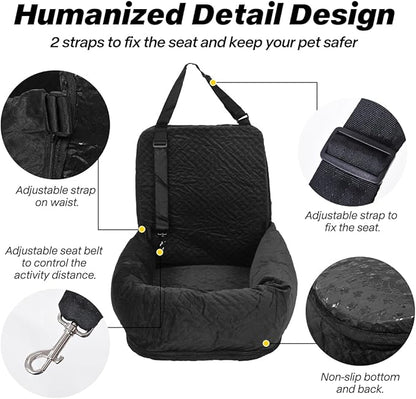 Dog Car Seat for Small Medium Dogs Up to 40lbs, Detachable Washable Soft Pet Booster Travel Bed for Front &amp; Black Seat with Safety Leash Belt