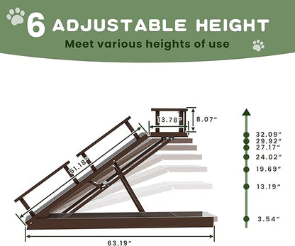 6 Level Height Adjustable Dog Ramp for Bed, Couch 65" Foldable Pet Ramp with Non-Slip Mat，DIY Glow Strips &amp; Rest Platform Heavy Duty Dog Stairs for Large Dogs up to 200Lbs ，Brown