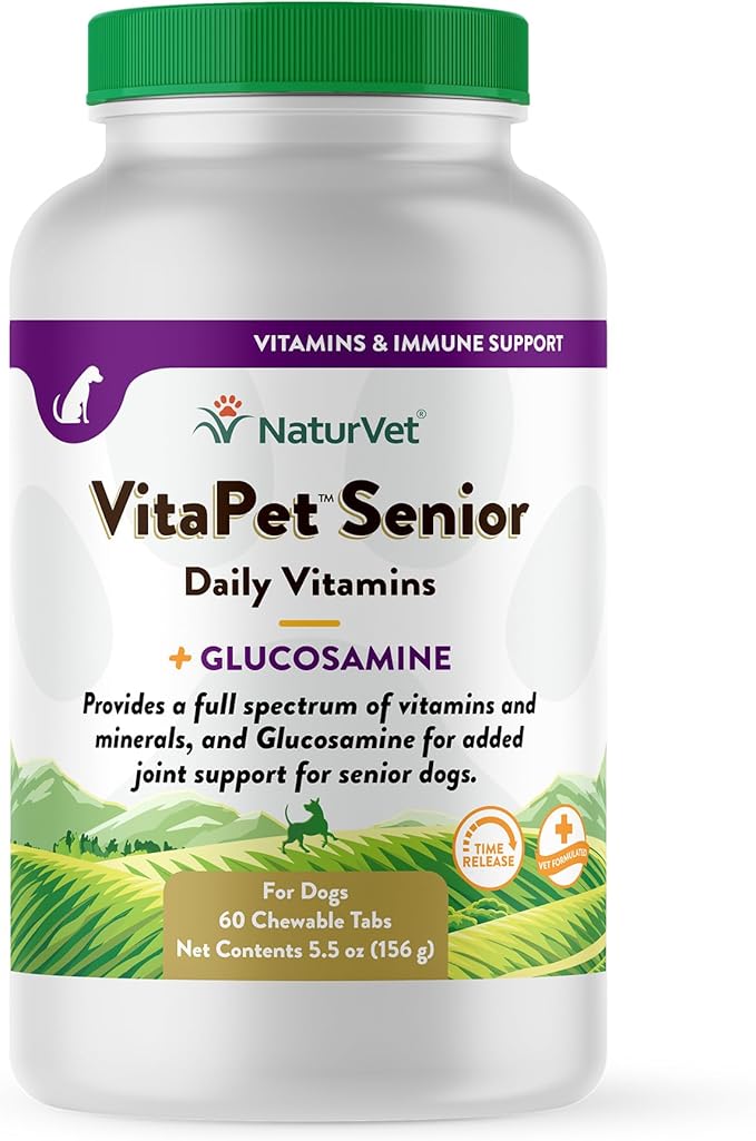 NaturVet –VitaPet Senior Daily Vitamins for Senior Dogs – Plus Glucosamine – Full Spectrum of Vitamins &amp; Minerals – Enhanced with Glucosamine for Added Joint Support – 60 Time Release Tablets