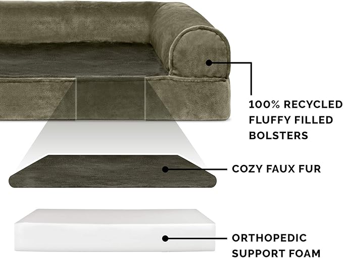 Furhaven Orthopedic Dog Bed for Large Dogs w/ Removable Bolsters &amp; Washable Cover, For Dogs Up to 125 lbs - Faux Fur &amp; Velvet Sofa - Dark Sage, Jumbo Plus/XXL
