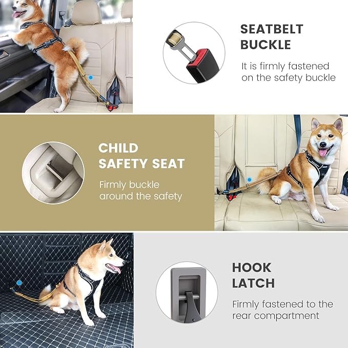 IOKHEIRA Dog Seat Belt 3-in-1 Car Harness for Dogs Adjustable Safety Seatbelt for Car Durable Nylon Reflective Bungee Fabric Tether with Clip Hook Latch &amp; Buckle, Swivel Zinc Alloy Carabiner Green