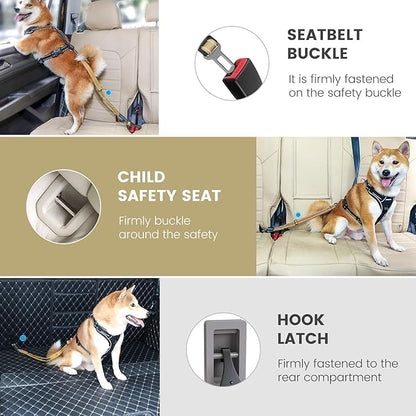 IOKHEIRA Dog Seat Belt 3-in-1 Car Harness for Dogs Adjustable Safety Seatbelt for Car Durable Nylon Reflective Bungee Fabric Tether with Clip Hook Latch &amp; Buckle, Swivel Zinc Alloy Carabiner Green