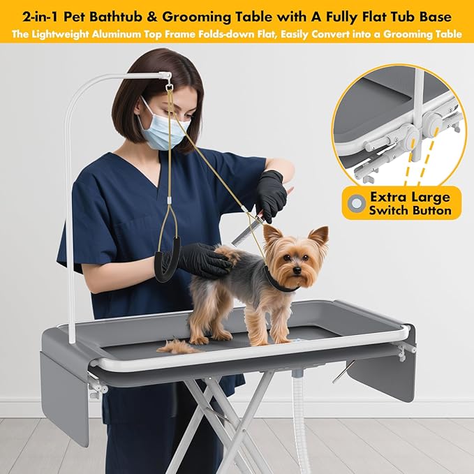 PAWZIDEA 2-in-1 Portable Dog Bathtub &amp; Grooming Table, 33" Foldable Pet Washing Station for Small Medium Dogs Cats, Elevated Tubs for Bathing Shower Indoor Outdoor, 5 Height Adjustable, Storage Pocket
