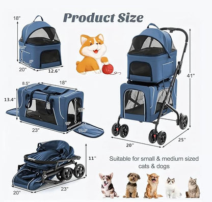 Pet Stroller with 2 Detachable Carriers, Folding Design, Large Capacity for Cats and Small Dogs, Navy, Medium