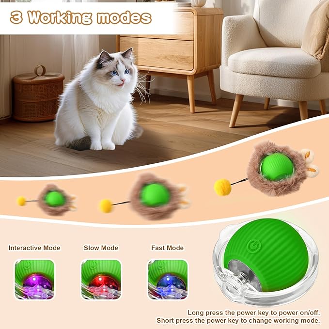 Rocfish Interactive Cat Toys Ball - Automatic Fast Rolling Ball in Play Mat, Hide and Seek Mouse Catching Game, Low-Noise Cat Enrichment Toys in Pouch for Indoor Bored Cats (Green Toy &amp; Round Mat)