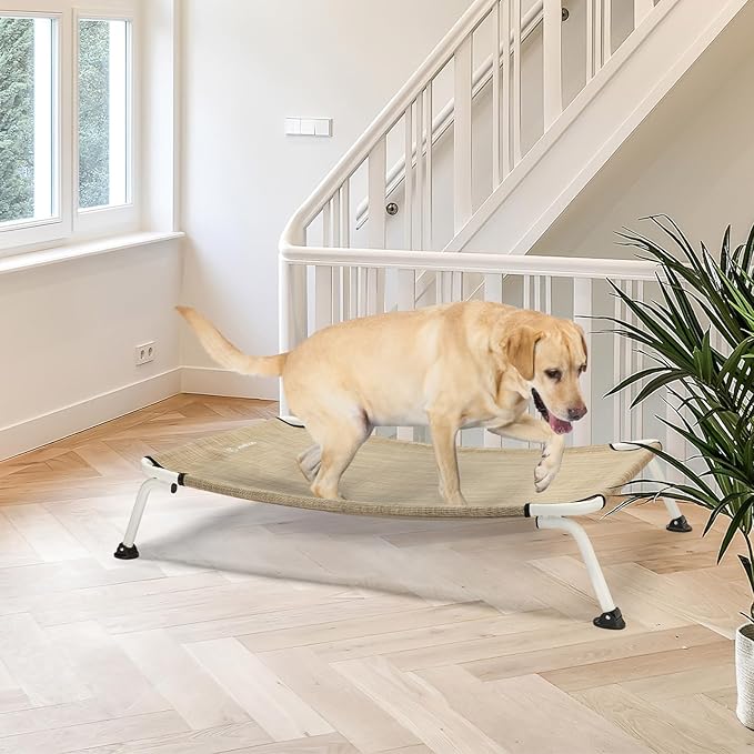 Veehoo Elevated Dog Bed for Outdoor, Cooling Waterproof Raised Dog Cots Beds for Large Dogs, Curved Off Ground Pet Hammock Cot Lifted for Outside, up to 85lbs, White Legs, Beige 42"
