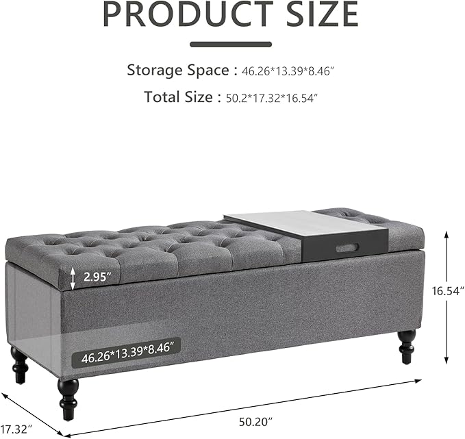 Ottoman with Storage,50.2-inch Upholstered End of Bed Storage Bench for Bedroom,for The Living Room,for Entryway, with Tray &amp; Button and Safety Hinges,Detachable (Grey)