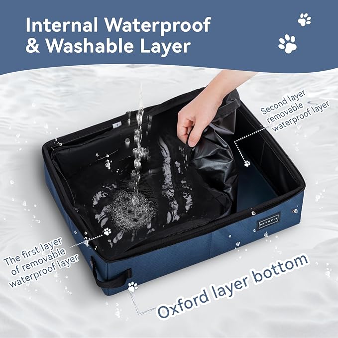 PETSFIT Travel Litter Box for Cats - Removable 2-Layer Leak-Proof Lining, Scratch-Resistant Fabric with Sturdy Support Frame, Cat Collapsible &amp; Travel Litter Box Navy Blue