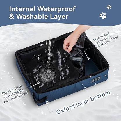 PETSFIT Travel Litter Box for Cats - Removable 2-Layer Leak-Proof Lining, Scratch-Resistant Fabric with Sturdy Support Frame, Cat Collapsible &amp; Travel Litter Box Navy Blue