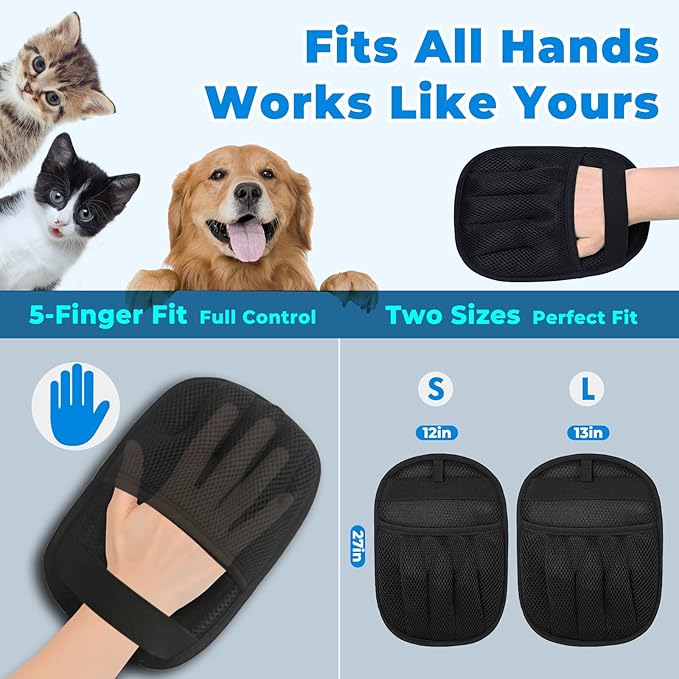 2Pcs Pet Hair Removal Gloves Kit (2 Sizes) for Dogs &amp; Cats, 2025 Newly Upgraded Five-Finger Electrostatic Pet Hair Gloves, Reusable Pet Hair Remover Tools for Clothing, Carpet, Sofa Gaps, Car Seat