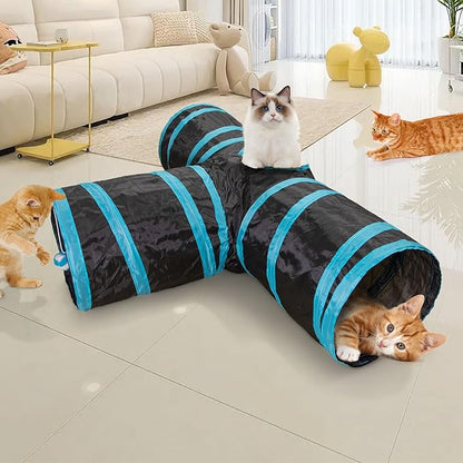Cat Tunnel, 3 Way Cat Tunnels for Indoor Cats, Foldable Cat Tubes and Tunnels for Cats Kittens, Kitty Bored Peek Hole Toy Ball Cat, Puppy, Kitty, Kitten, Rabbit, Guinea Pigs (Blue &amp; Black)