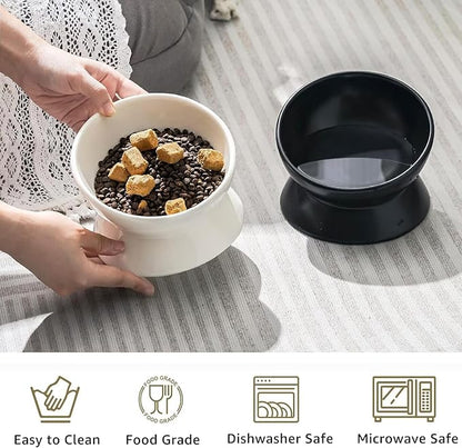 YINGFAN Elevated Cat Bowls, 5oz Ceramic Raised Cat Bowl for Cats/Kittens with Tilted Design, Porcelain Cats Feeding Dishes for Food/Water, Anti Vomit, Microwave &amp; Dishwasher Safe (Light White)