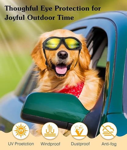 Dog Goggles Large Breed, UV Protection Dog Sunglasses with Sponge Pad and Adjustable Strap, Windproof Dustproof Anti-Fog Eye Protection Glasses for Outdoor Driving Riding, Black