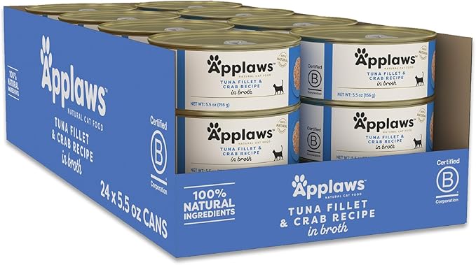 Applaws Natural Wet Cat Food in Broth, Limited Ingredient Canned Wet Cat Food, No Additives, Made with Natural Ingredients, Tuna Fillet &amp; Crab in Broth (24 x 5.5oz Cans)