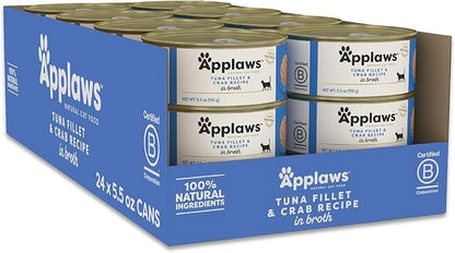 Applaws Natural Wet Cat Food in Broth, Limited Ingredient Canned Wet Cat Food, No Additives, Made with Natural Ingredients, Tuna Fillet &amp; Crab in Broth (24 x 5.5oz Cans)