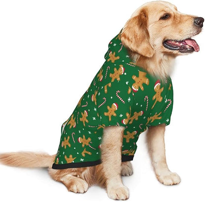 Green Christmas Gingerbread Men Candies Hoodie,Christmas Cosplay Dog Clothes with Pocket and Hat Winter Clothes Sweaters X-Large