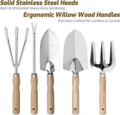 13-Piece Garden Tools Set with Tote Bag &amp; Apron, Repotting Mat - Stainless Steel Heavy Duty Planting Kit, Ergonomic Non-Slip Handles - Gardening Gift for Women, Mom, Home Gardeners