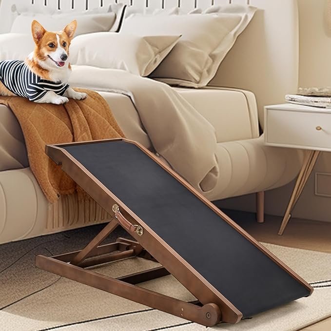 Dog Ramp, Adjustable Height Wooden Folding Pet Ramp for Bed, Couch,SUV-High Traction, Portable Paw Ramps for Small &amp; Large Old Dogs &amp; Cats - Furniture Quality
