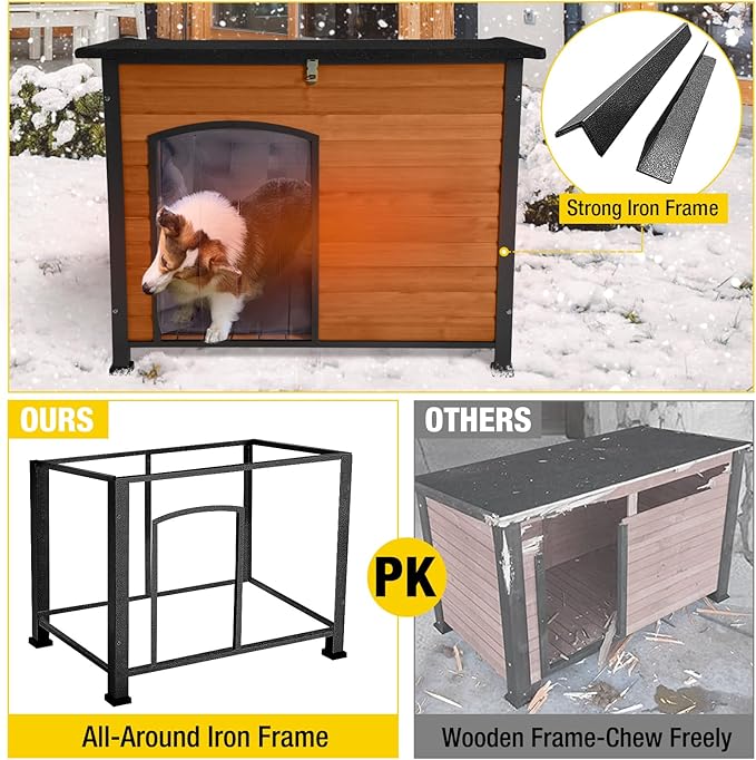 Aivituvin Dog House Outdoor &amp; Indoor Dog Kennel with Insulated Liner for Winter Waterproof Large Dog Cage for Small &amp; Medium &amp; Large Dogs,Unique All-Around Iron Frame