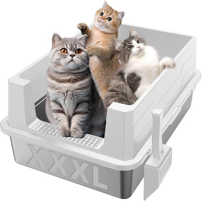XXXL Stainless Steel Litter Box,Extra Large 28" L x 20" W Metal Litter Box for Big Cats &amp; Multiple Cats with High Sided, Anti-Urine Leakage, Non-Sticky, Easy Cleaning, Include Scoop(White