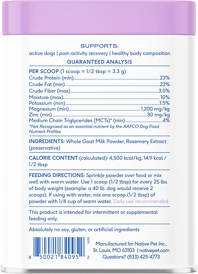 Native Pet Goat Milk for Dogs - Organic Goat Milk Powder for Dogs and Cats - Puppy Formula Dairy Replacement Packed with Protein &amp; Vitamins for Immunity, Recovery &amp; Growth for Active Pups - 60 Scoops