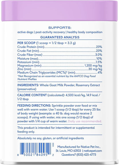 Native Pet Goat Milk for Dogs - Organic Goat Milk Powder for Dogs and Cats - Puppy Formula Dairy Replacement Packed with Protein &amp; Vitamins for Immunity, Recovery &amp; Growth for Active Pups - 60 Scoops
