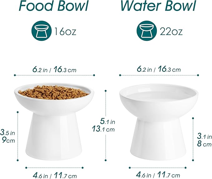 vancasso Ceramic Elevated Cat Bowls 2-Pack - 6.2" Extra Wide Raised Cat Food &amp; Water Dishes, 5.1" Optimal Height Anti-Whisker Fatigue Shallow Bowls for Cats/Kittens/Dogs, Lead &amp; Cadmium Free (White)