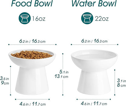 vancasso Ceramic Elevated Cat Bowls 2-Pack - 6.2" Extra Wide Raised Cat Food &amp; Water Dishes, 5.1" Optimal Height Anti-Whisker Fatigue Shallow Bowls for Cats/Kittens/Dogs, Lead &amp; Cadmium Free (White)