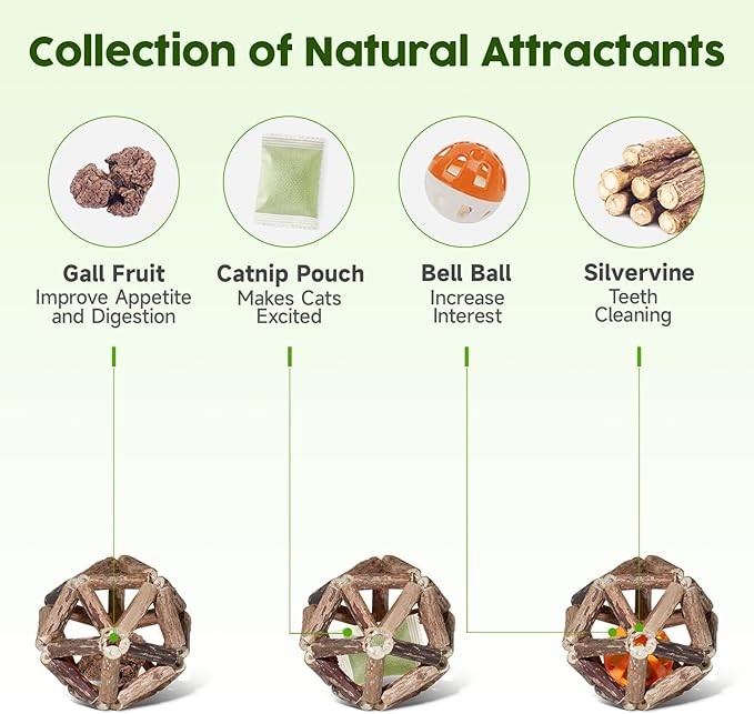 Potaroma Catnip Toys, 3Pcs Cat Toys Natural Silvervine Stick Cage Balls &amp; Bell Ball for Indoor Cats, Kitten Cleaning Teeth Molar Matatabi Cat Chew Toy All Breeds