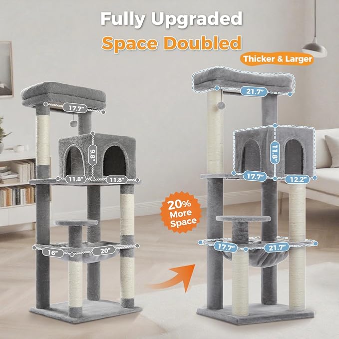 Large Cat Tree with Reinforced Scratching Posts (φ3.1in) for Big Adult Cats 30 lbs, 57.8" Heavy Duty Cat Tower with Larger Hammock and Condo, Cat Furniture for Maine Coon, Plush,Grey
