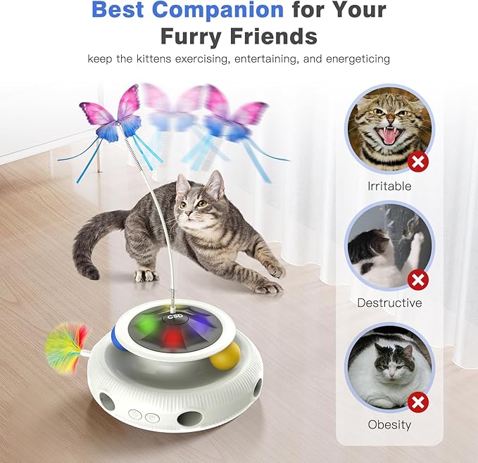 Automatic Interactive Cat Toys for Indoor Cats &amp; Bored Adults - Kitten Toys with Fluttering Butterfly, Ambush Feather &amp; Track Balls - Exercise &amp; Stimulation for Playful Cats (Beige)
