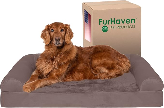 Furhaven Orthopedic Dog Bed for Large Dogs w/ Removable Bolsters &amp; Washable Cover, For Dogs Up to 95 lbs - Faux Fur &amp; Velvet Sofa - Driftwood Brown, Jumbo/XL