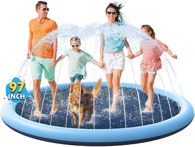 VISTOP Non-Slip Splash Pad for Kids and Dog, Thicken Sprinkler Pool Summer Outdoor Water Toys - Fun Backyard Fountain Play Mat for Baby Girls Boys Children or Pet Dog (97 inch, Blue&amp;Blue)