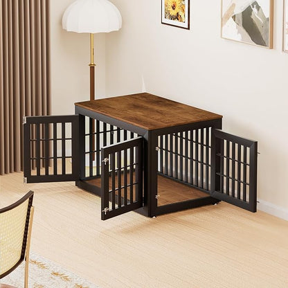 42" Heavy Duty Dog Crate Furniture for Small,Medium and Large Dogs,Rustic Wooden Dog Cage Kennel Indoor Furniture with Waterproof Top,Decorative Pet House Side End Table (Black &amp; Wood)