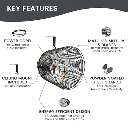 Schaefer VK12-B VersaKool Air Circulator Ceiling Wall Mount Greenhouse Fan &amp; Aluminum Blade, 1470 CFM, 1/10 hp, Energy-Efficient Commercial Fan for Patio, Garage, Industrial &amp; Workshop (Black)