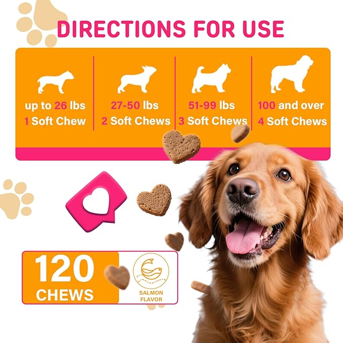 Eye Supplements for Dogs - Vision Support Soft Chews with Lutein, DHA &amp; Vitamin C | 120ct Salmon Flavor Tear Stain Chews | Cataract &amp; Dry Eye Relief Supplement (120 Ct, Salmon)