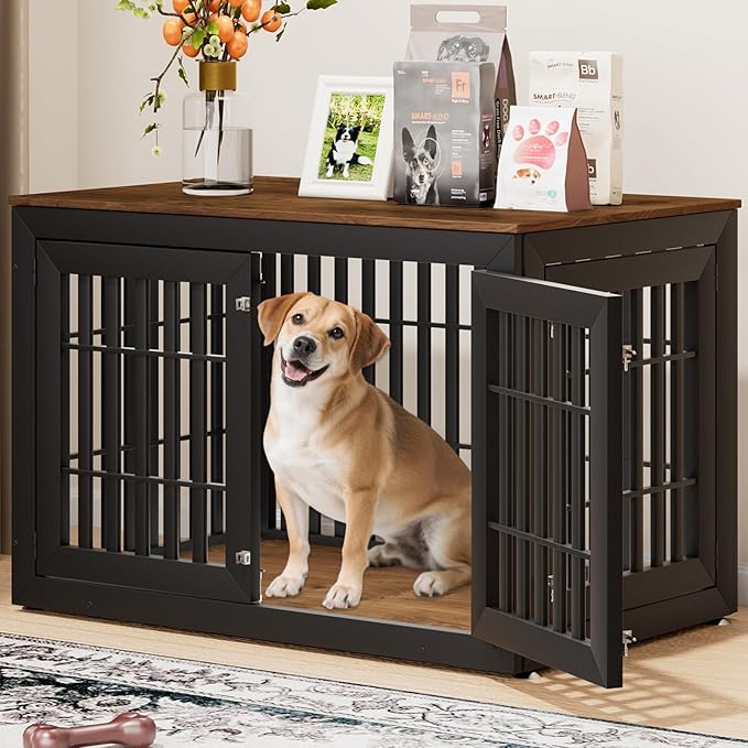 48" Heavy Duty Dog Crate Furniture for Small,Medium and Large Dogs,Rustic Wooden Dog Cage Kennel Indoor Furniture with Waterproof Top,Decorative Pet House Side End Table (Black &amp; Wood)