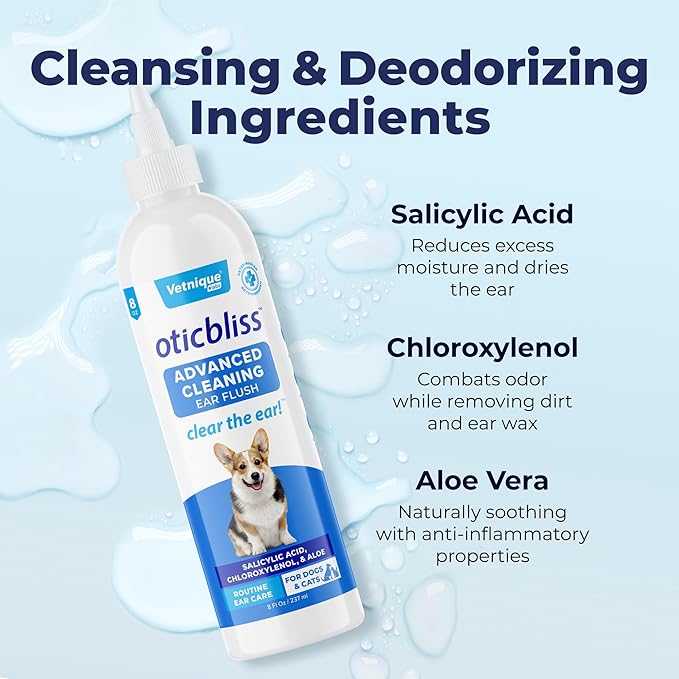 Vetnique Oticbliss Cat &amp; Dog Ear Cleaners: Medicated Dog Ear Drops for Infection, Antiseptic Flush, &amp; Wipes to Reduce Itchy Ears &amp; Head Shaking - Vet Recommended for Itchy Ears (8oz, Flush)