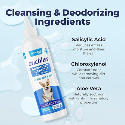 Vetnique Oticbliss Cat &amp; Dog Ear Cleaners: Medicated Dog Ear Drops for Infection, Antiseptic Flush, &amp; Wipes to Reduce Itchy Ears &amp; Head Shaking - Vet Recommended for Itchy Ears (8oz, Flush)