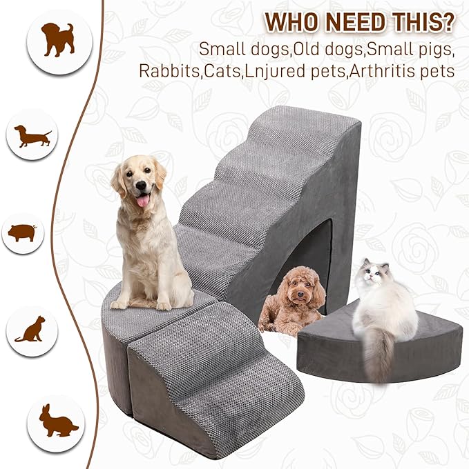 Foam Dog Stairs &amp; Steps Ramps for High Beds 30 inches Tall for Small Dogs and Cats, LitaiL 6 Step Pet Stairs Steps for High Beds 30 inch Large Dogs, Non-Slip Dog Ramps for Older Cat