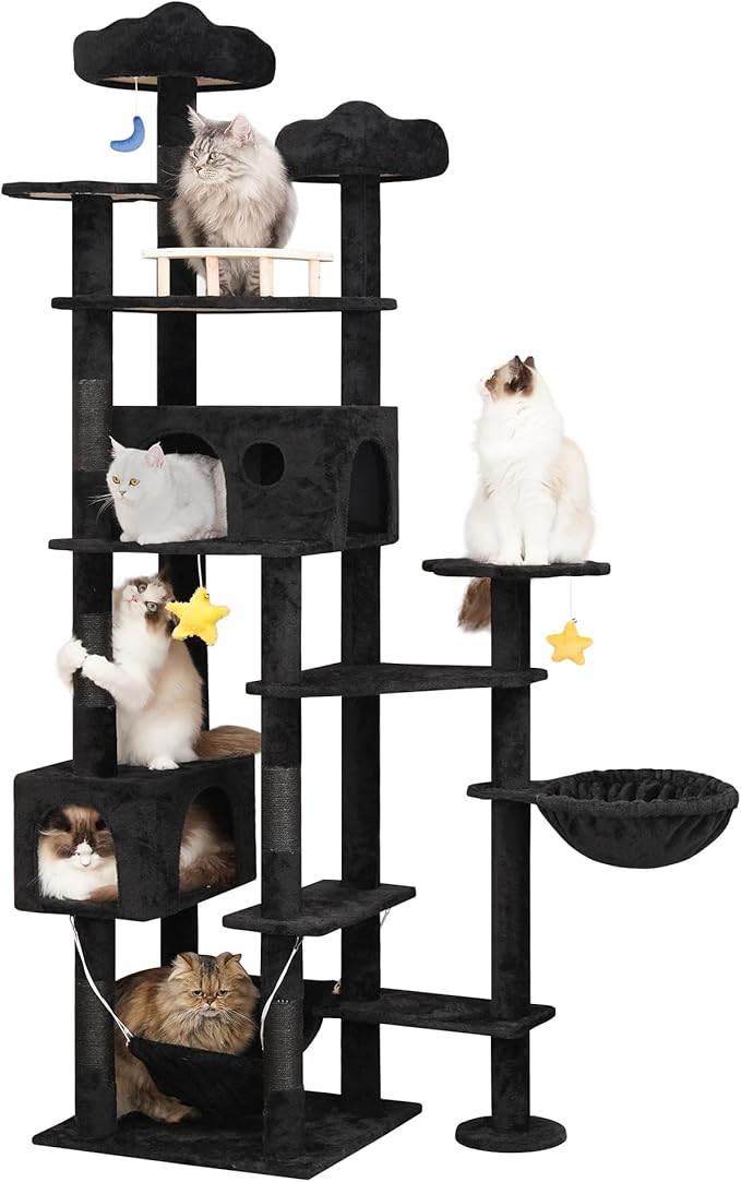 85inch Giant Cat Tree for Heavy Duty Big Cats, Multi-Level Luxury Cat Tower with Scratching Post, Cat Condo with Hammocks &amp; Plush Perches for Indoor Cats Large Adult, Black