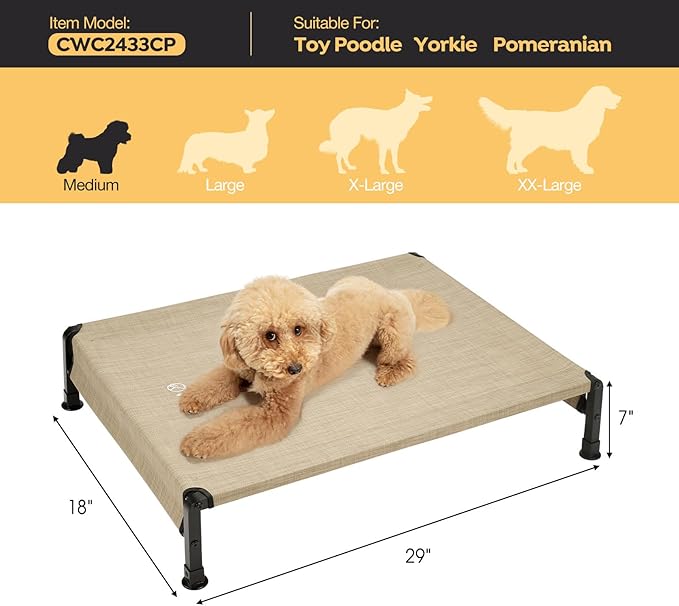 Veehoo Cooling Outdoor Dog Bed, Heavy Duty Elevated Pet Bed with Washable &amp; Breathable Teslin Mesh, Non-Slip Silicon Feet, Dog Cot Bed with Support Hem, 29" x 18", Beige Coffee, CWC2433