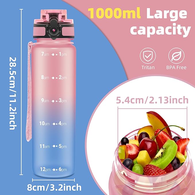 OLDLEY 32 oz Water Bottle, Motivational Water Bottle with Time Marker, Sports Water Bottle With Strap, Leakproof &amp; BPA Free Large Water Bottles for School, Gym, Travel, Outdoor, Tritan,Pink&amp;Blue