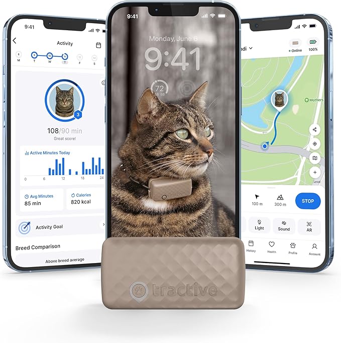 Tractive Smart Cat GPS Tracker | Real-Time Location &amp; Wellness Monitoring for Cats 6.5 lbs+ | Territory &amp; Location History | Up to 5-Day Battery | Breakaway Collar Included (Brown)