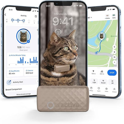 Tractive Smart Cat GPS Tracker | Real-Time Location &amp; Wellness Monitoring for Cats 6.5 lbs+ | Territory &amp; Location History | Up to 5-Day Battery | Breakaway Collar Included (Brown)