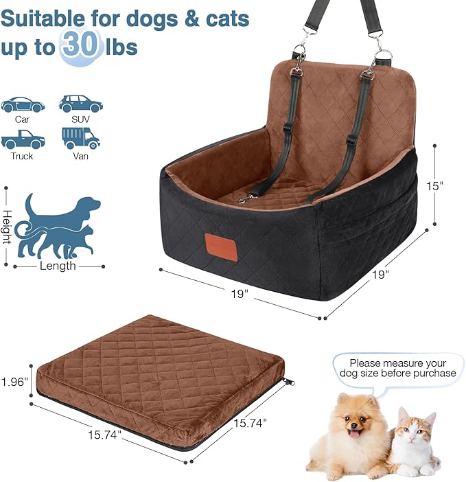 Dog Car Seat for Small Dogs Under 30lbs,Ultra Soft Fabric &amp; Memory Foam Pet Travel Car Bed,Washable &amp; Detachable,Anti-Slip Bottom,2 Storage Pockets and Safety Tethers(Black/Brown)