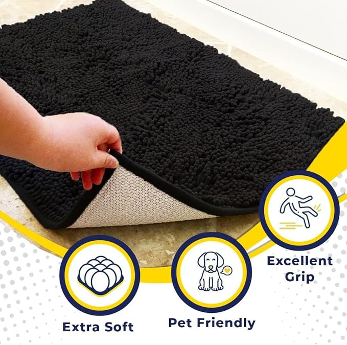 Muddy Mat® Pack of 3 Highly Absorbent Microfiber Dog Door Mat and Pet Rug, Non Slip Thick Washable Area Mat Soft Chenille for Kitchen Bathroom Bedroom and Outdoor - Black Small, Medium &amp; Large