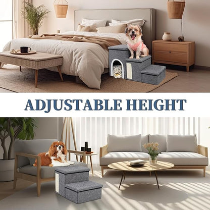Dog Stairs for High Bed and Couch, 4 IN 1 Foldable Pet Stairs for Cats &amp; Small and Medium Dogs, Adjustable Dog Steps with Pet Climbing Ladders/Cozy Condo/Storage Boxes/Cat Scratcher, Hold Up to 180LBS