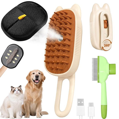 Cat Steam Brush for Shedding, 4 in 1 Rechargeable Steam Brush for Cats and Dogs, Anti-Static, Massage, flea comb for cats&amp; Pet Removal Hair Glove,Shedding &amp; Combing All In One!