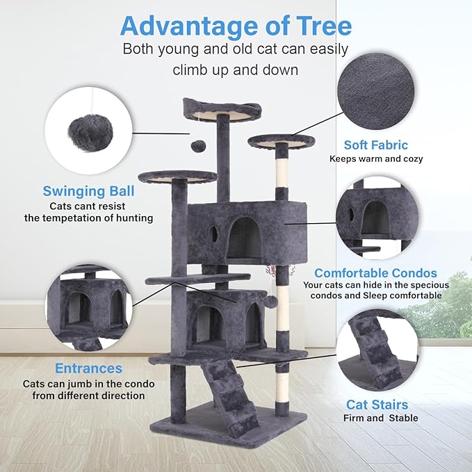 FDW Cat Tree 54in Cat Tower Multi-Level Durable Cat Scratching Post &amp; Cozy Fun Cat Jumping Platform Space Saving Cat Condo Pet Play House for Indoor Cats,Ashy